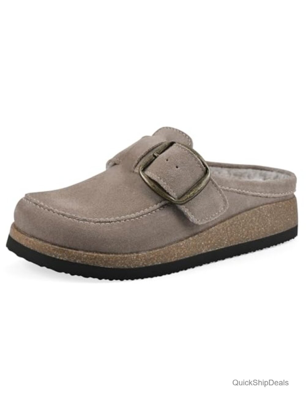 Leather Mule with Oversize Buckle Cushioned Cork Footbed Pull-On